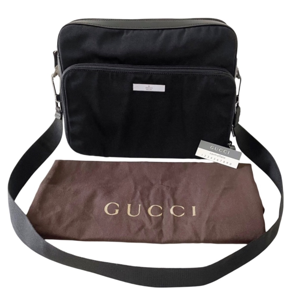 Gucci black woven nylon and leather camera shoulder bag